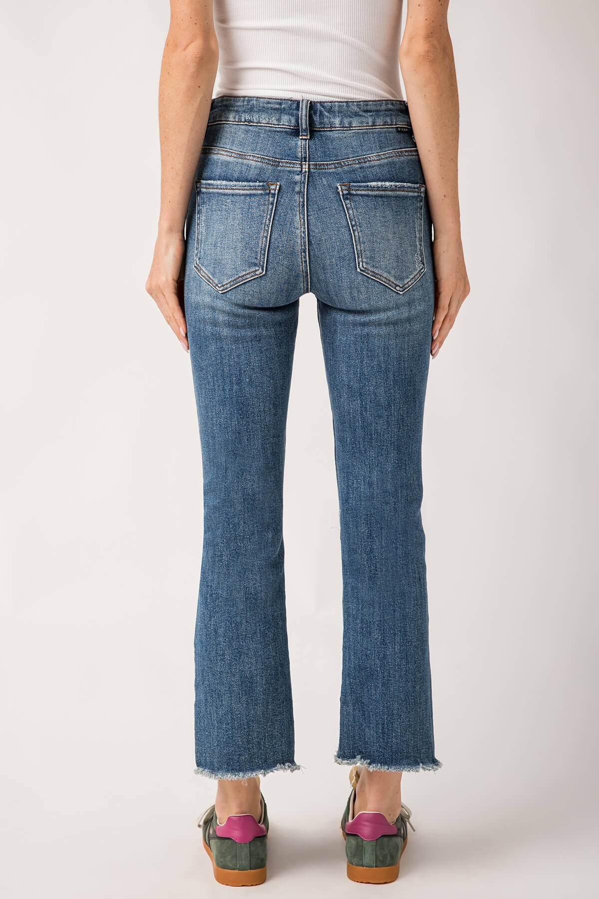 Risen Slightly Distressed Frayed Hem Straight Leg Jeans